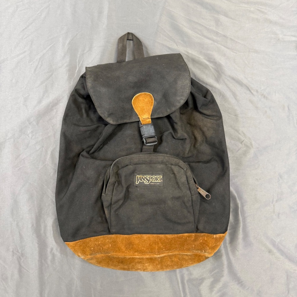Vintage JanSport Black Canvas Brown Suede Bottom Backpack Rucksack Made in USA